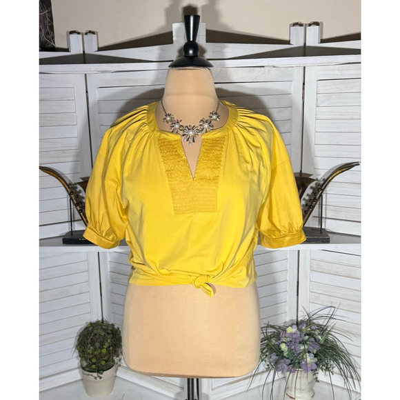Chico's Tops - Chico's yellow puffed sleeves top tie knot front waist length blouse sz XL
